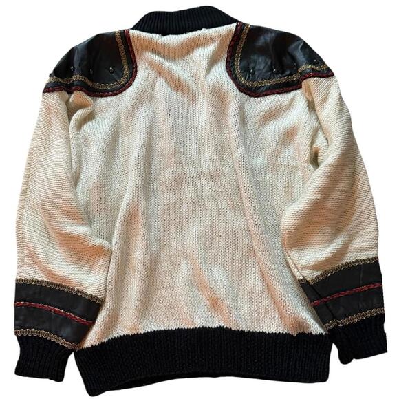 Nannell Vintage Turtleneck Knit Sweater Red Black Cream Leather Trim L - Picture 2 of 7